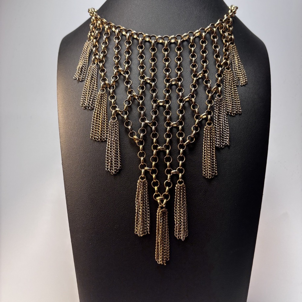 Bib Necklace Gold Tone Draped Chain Tassel Statement Boho Fringe Jewelry - Picture 2 of 9